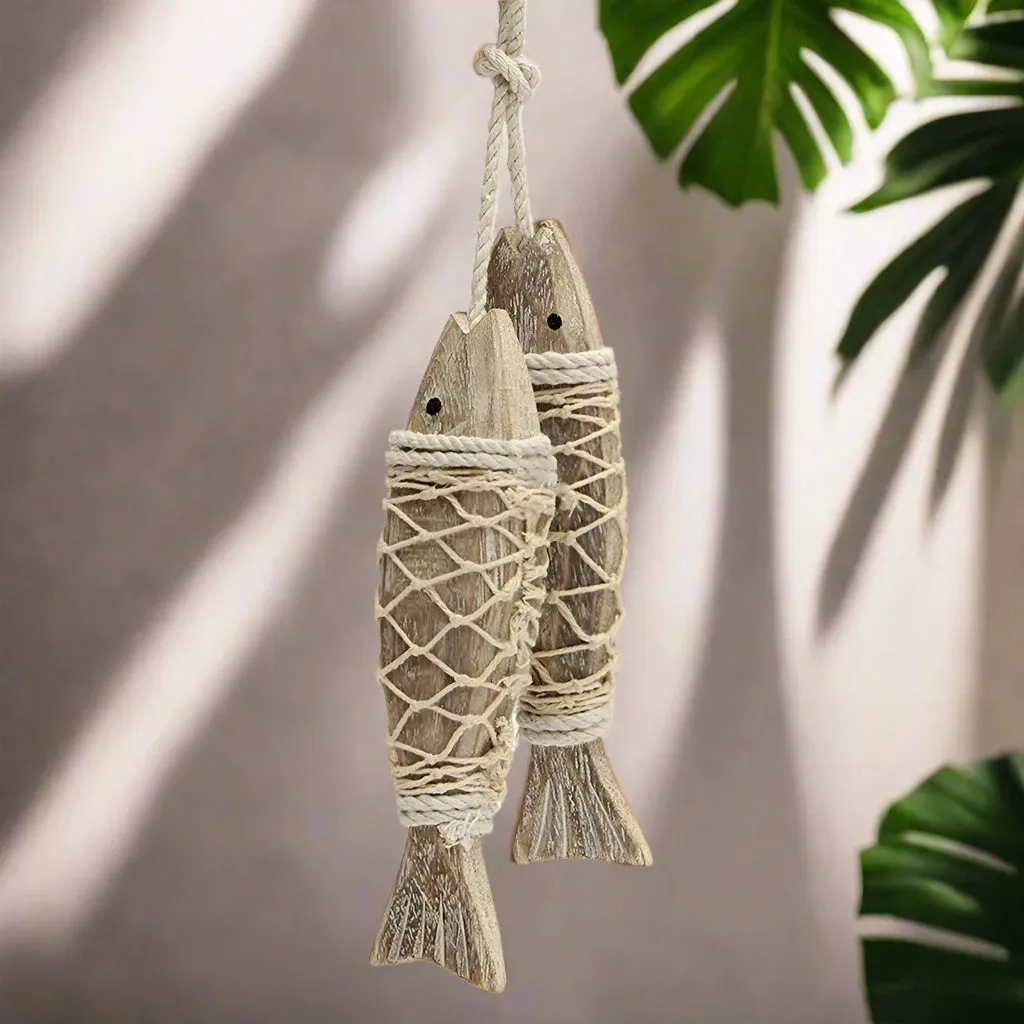 1 Pair Hand Carved Wooden Fish Hanging Marine Coastal Wall Viking Home Room Nautical Decor