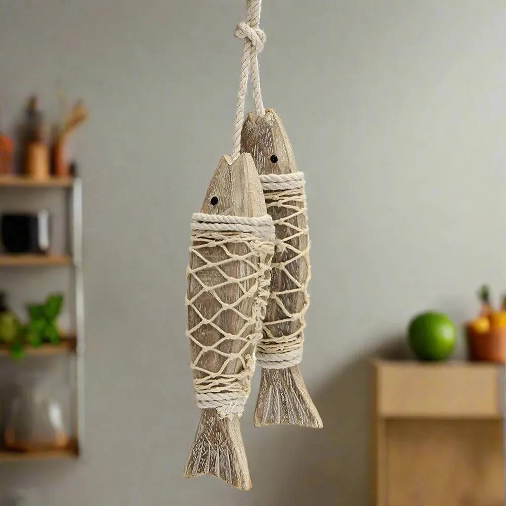 1 Pair Hand Carved Wooden Fish Hanging Marine Coastal Wall Viking Home Room Nautical Decor