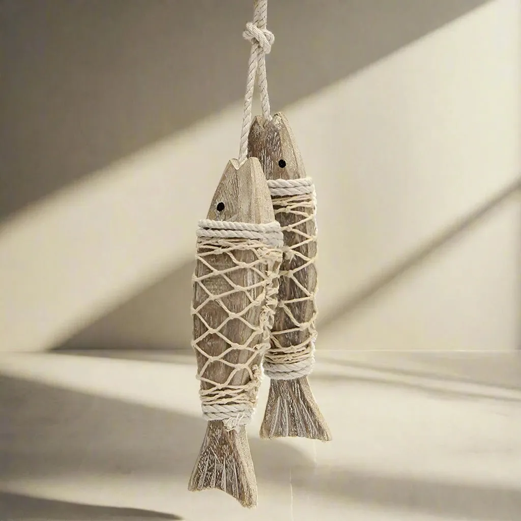 1 Pair Hand Carved Wooden Fish Hanging Marine Coastal Wall Viking Home Room Nautical Decor