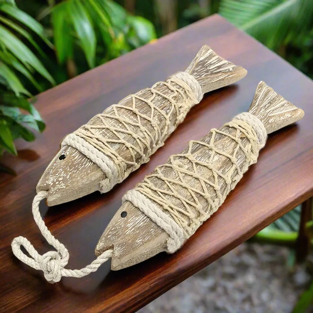1 Pair Hand Carved Wooden Fish Hanging Marine Coastal Wall Viking Home Room Nautical Decor