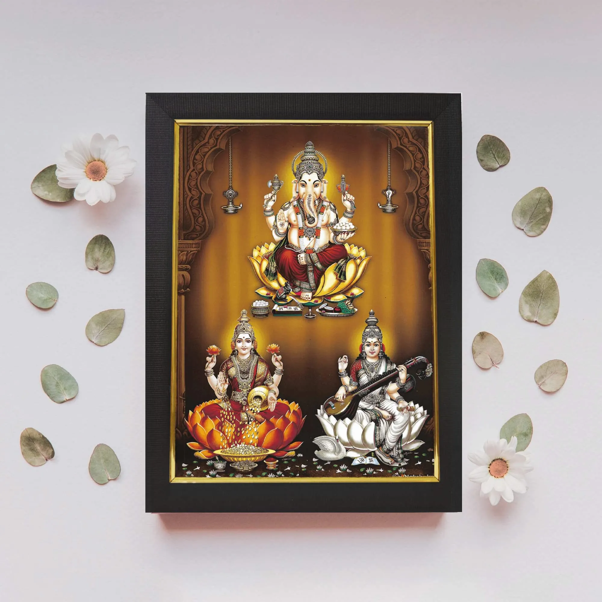 101 Temples - Divinity Eternity Spirituality Ganesha Lakshmi Saraswati Hindu God Photo Frame for Pooja Room with Wall Hook, 1 Piece | 10” x 13”, Matt Finish