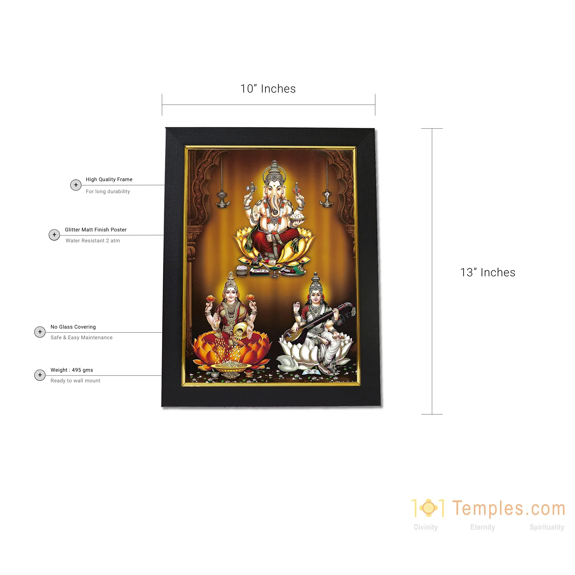 101 Temples - Divinity Eternity Spirituality Ganesha Lakshmi Saraswati Hindu God Photo Frame for Pooja Room with Wall Hook, 1 Piece | 10” x 13”, Matt Finish