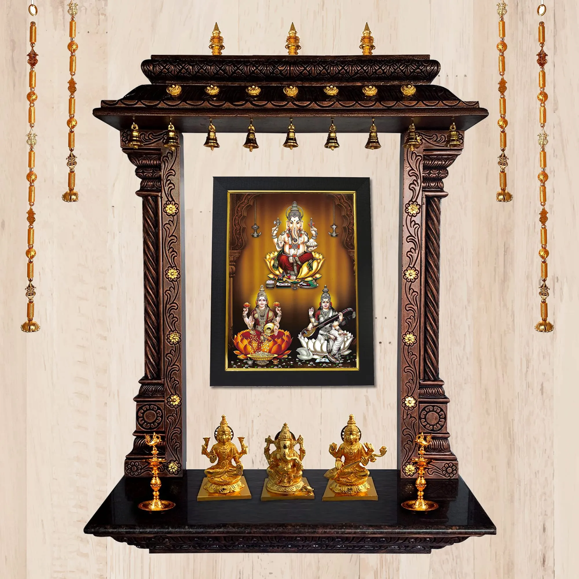 101 Temples - Divinity Eternity Spirituality Ganesha Lakshmi Saraswati Hindu God Photo Frame for Pooja Room with Wall Hook, 1 Piece | 10” x 13”, Matt Finish
