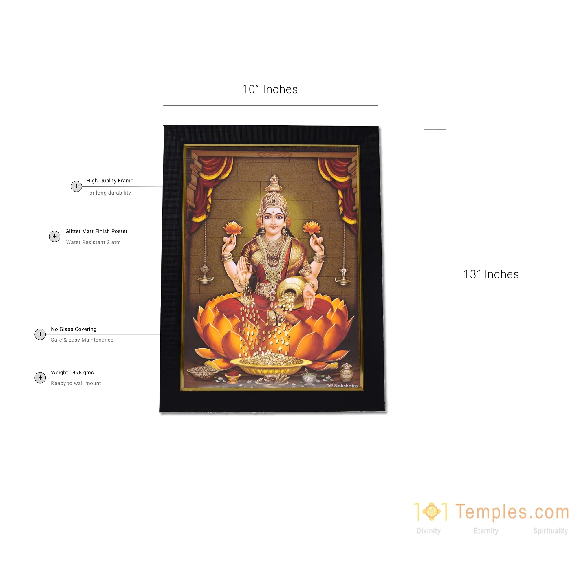 101Temples - Divinity Eternity Spirituality MATA Sri Lakshmi Devi Godess Wooden Photo Frame with Wall hook, 1 Piece | 13” x 10”, Matt finish