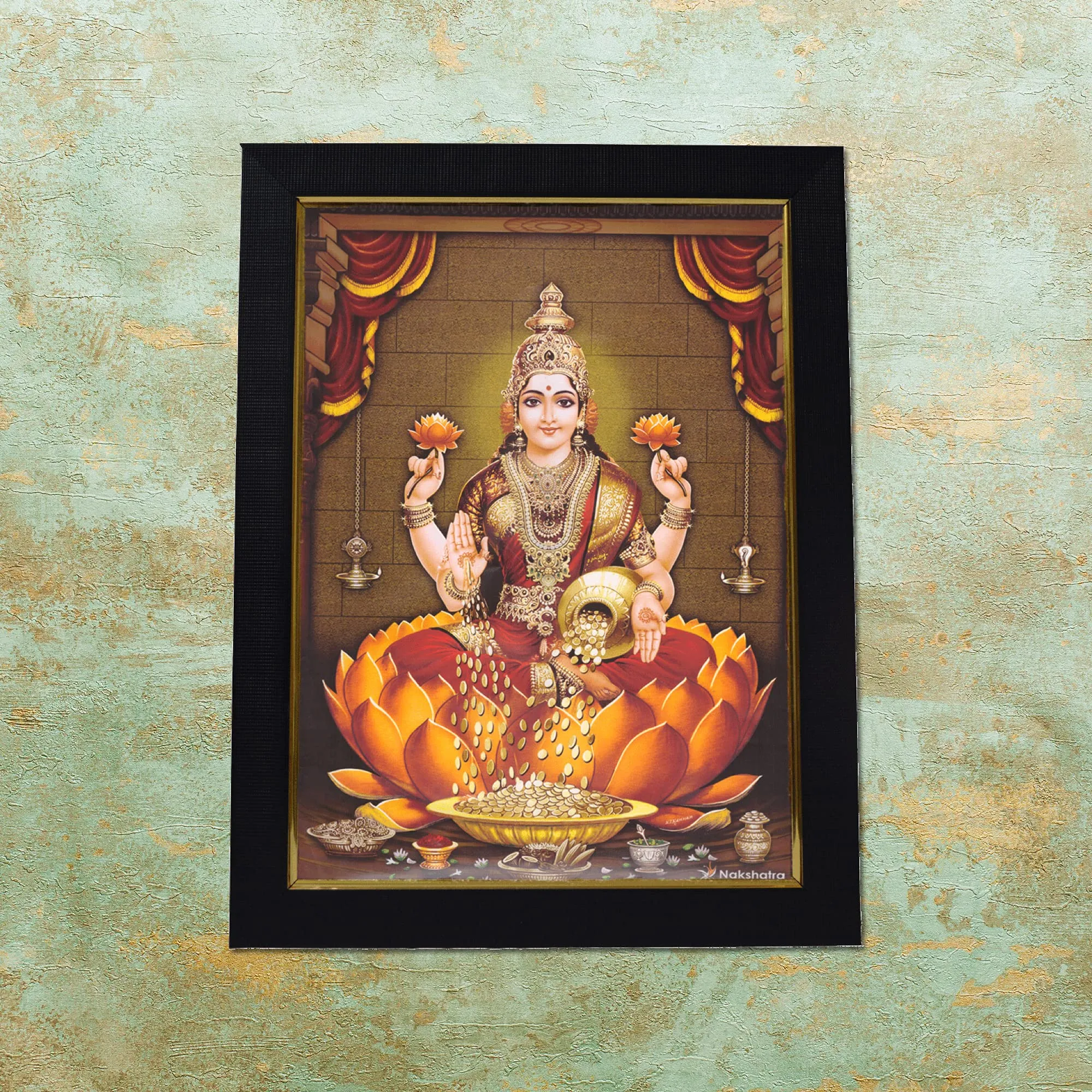101Temples - Divinity Eternity Spirituality MATA Sri Lakshmi Devi Godess Wooden Photo Frame with Wall hook, 1 Piece | 13” x 10”, Matt finish
