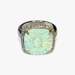 14k White Gold Carved White Opal Diamond Halo Ring