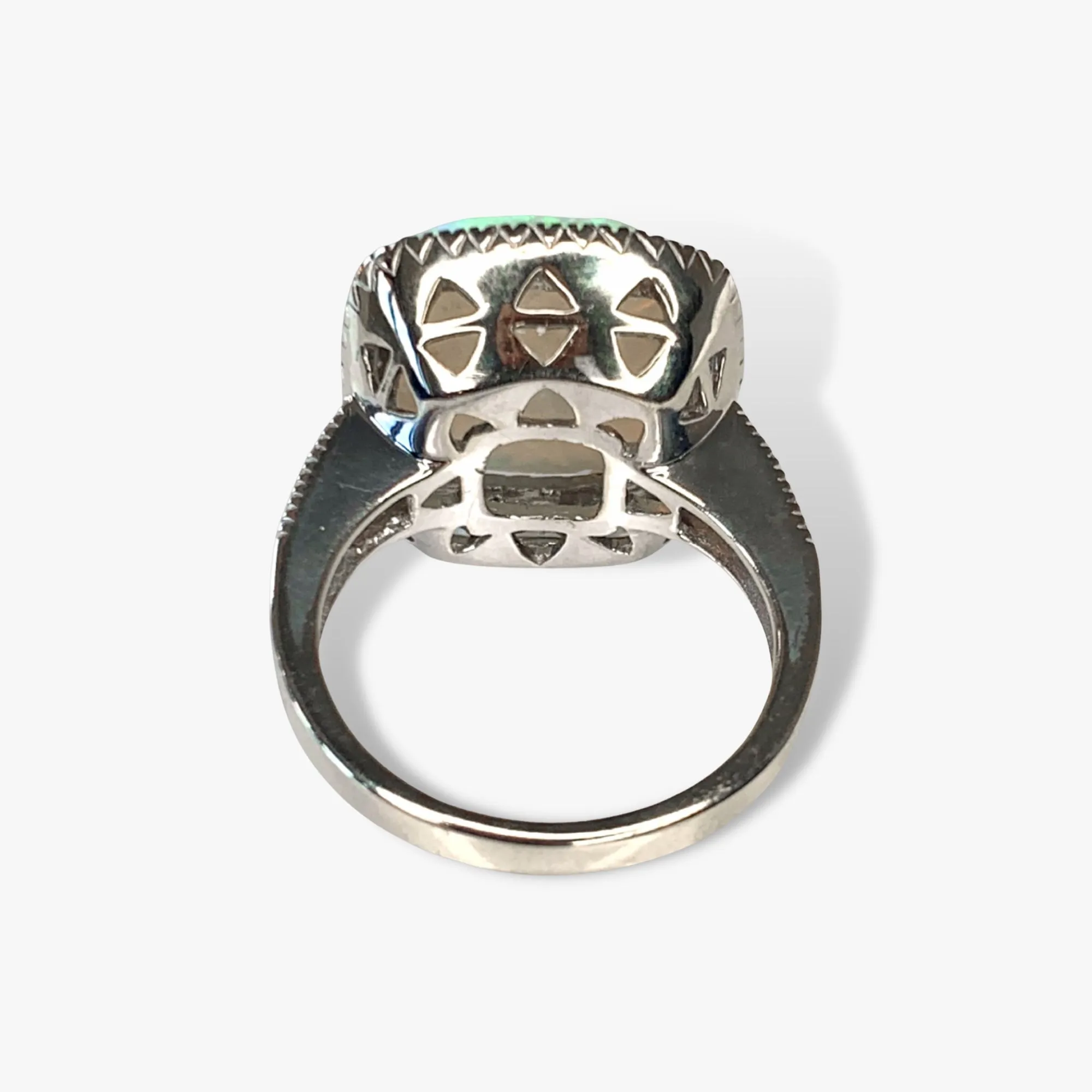 14k White Gold Carved White Opal Diamond Halo Ring