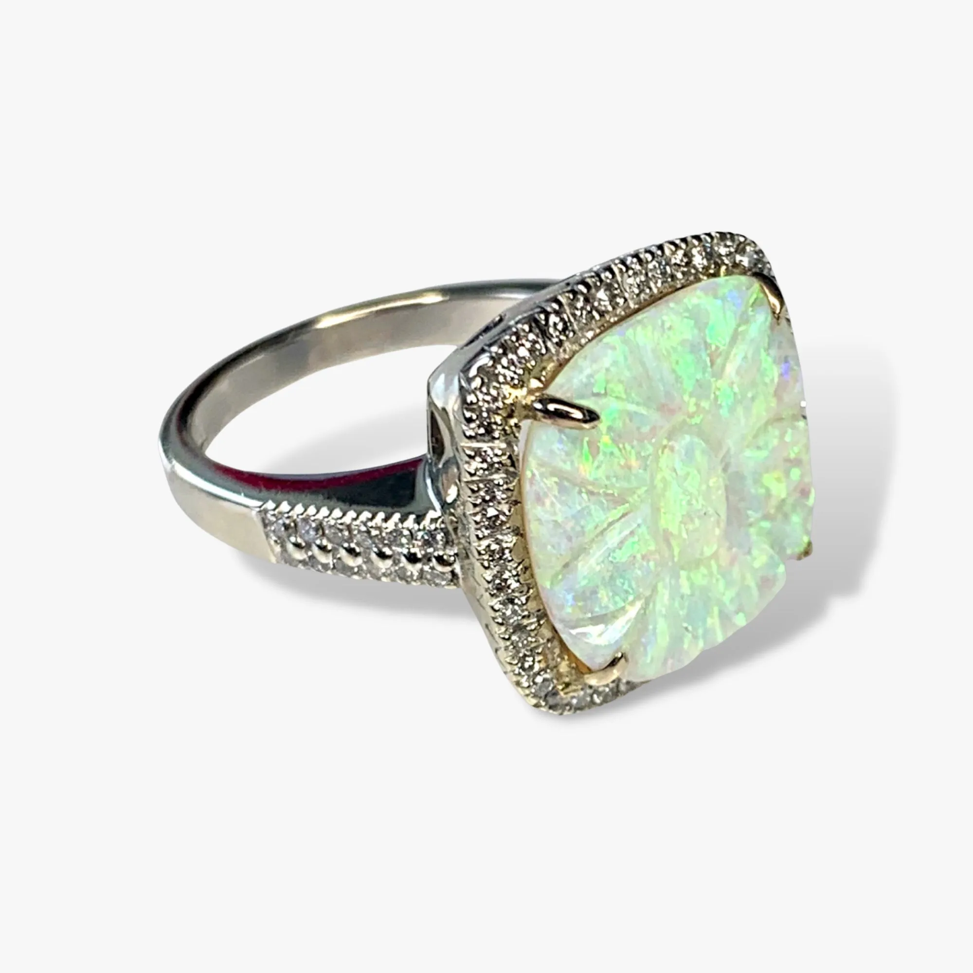 14k White Gold Carved White Opal Diamond Halo Ring