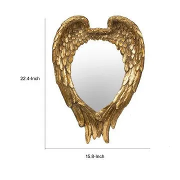 16 Inch Vintage Wall Mirror, Antique Gold Resin Frame, Heart Shaped Wings By Casagear Home
