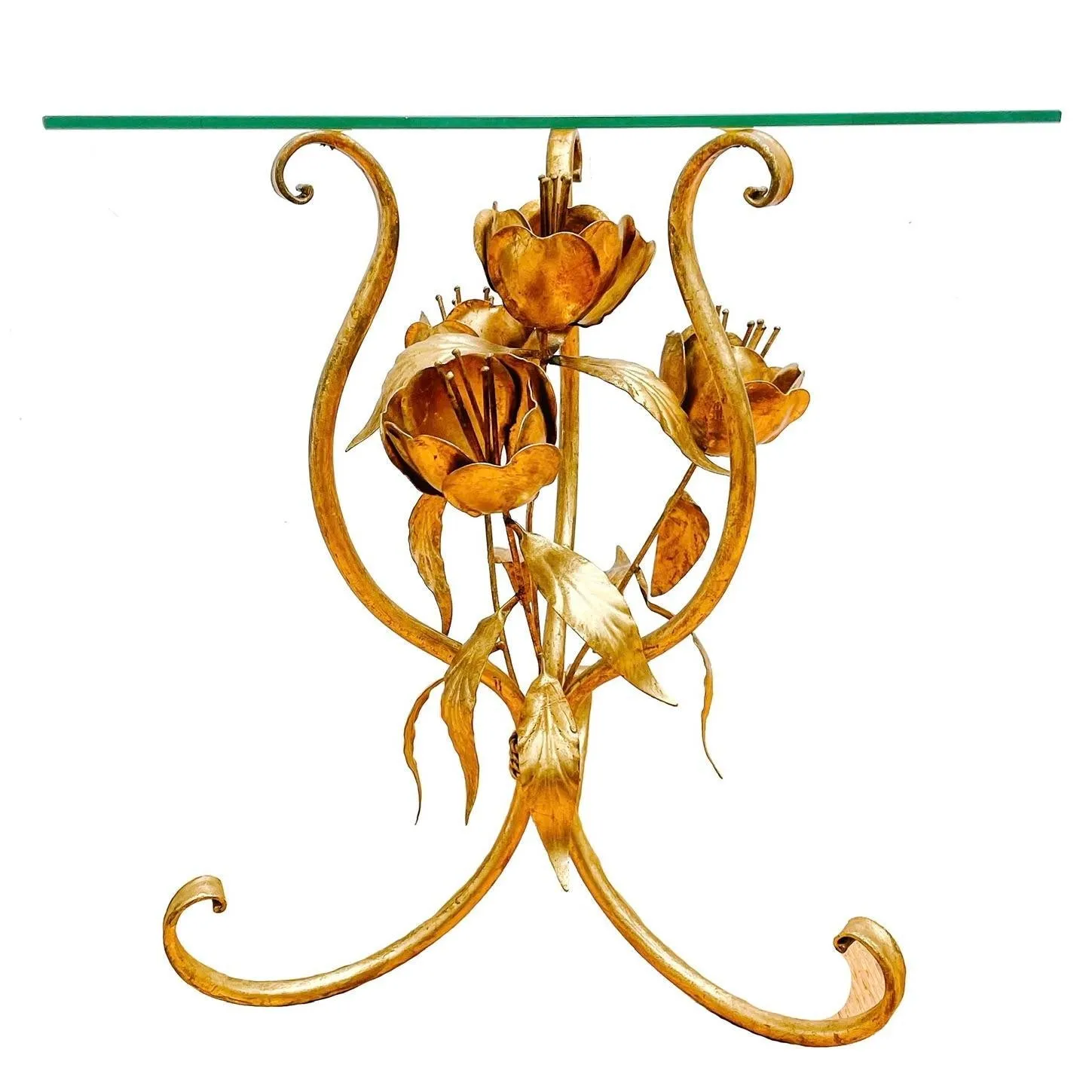 1970s Hans Kögl Gold Tole Flower Accent Tables With Glass Tops