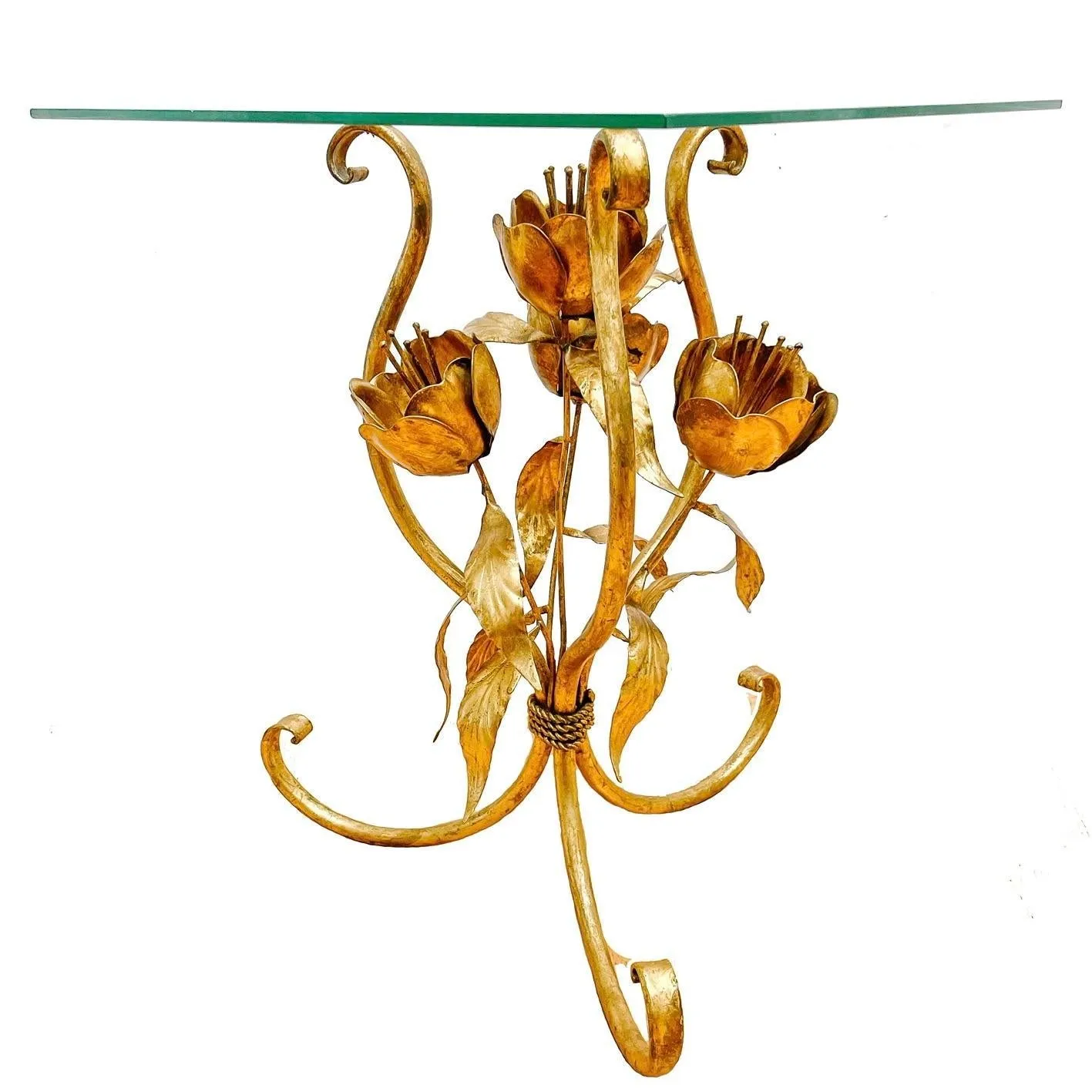 1970s Hans Kögl Gold Tole Flower Accent Tables With Glass Tops