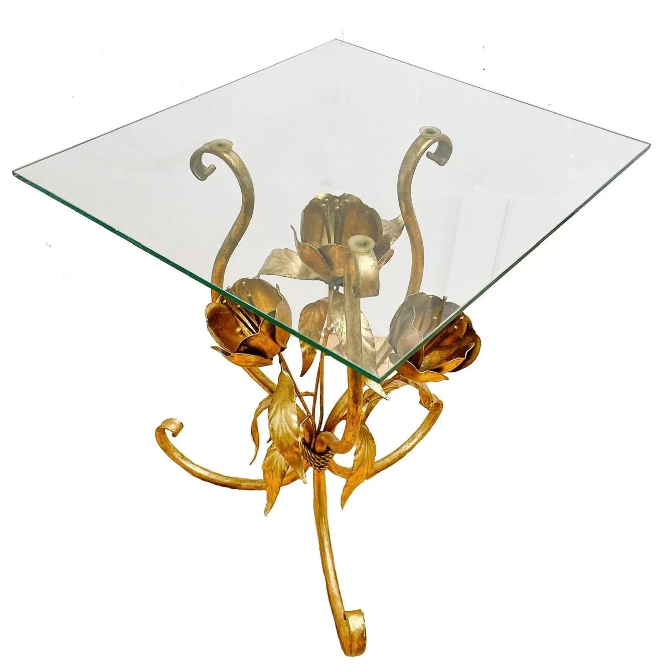 1970s Hans Kögl Gold Tole Flower Accent Tables With Glass Tops