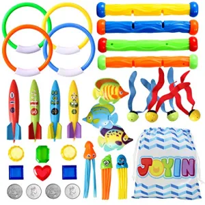 32 Pcs Diving Pool Toys Set with Bonus Storage Bag Includes Diving Rings, Diving Sticks, Toypedo Bandits , Diving Toy Balls, Octopuses, Fishes & Pirate Treasures, Underwater Sinking Pool Toys for Kids