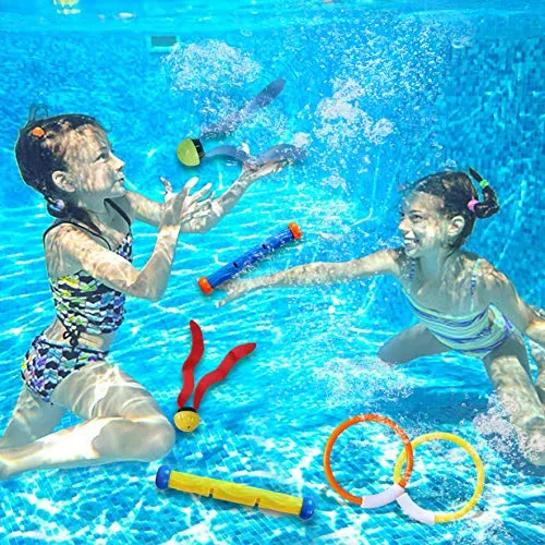 32 Pcs Diving Pool Toys Set with Bonus Storage Bag Includes Diving Rings, Diving Sticks, Toypedo Bandits , Diving Toy Balls, Octopuses, Fishes & Pirate Treasures, Underwater Sinking Pool Toys for Kids
