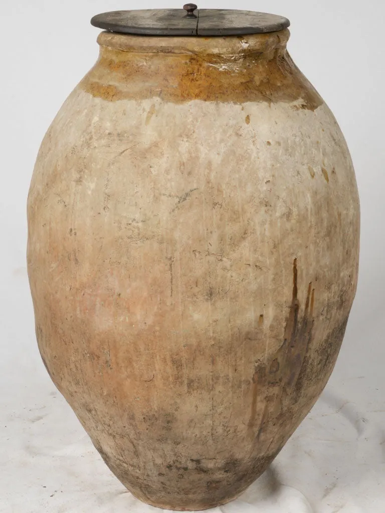 Antique Frejus Jar w/ Ochre Glaze, Maker's Stamps and Wooden Lid 39"