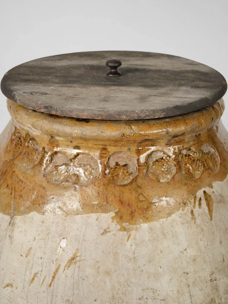 Antique Frejus Jar w/ Ochre Glaze, Maker's Stamps and Wooden Lid 39"