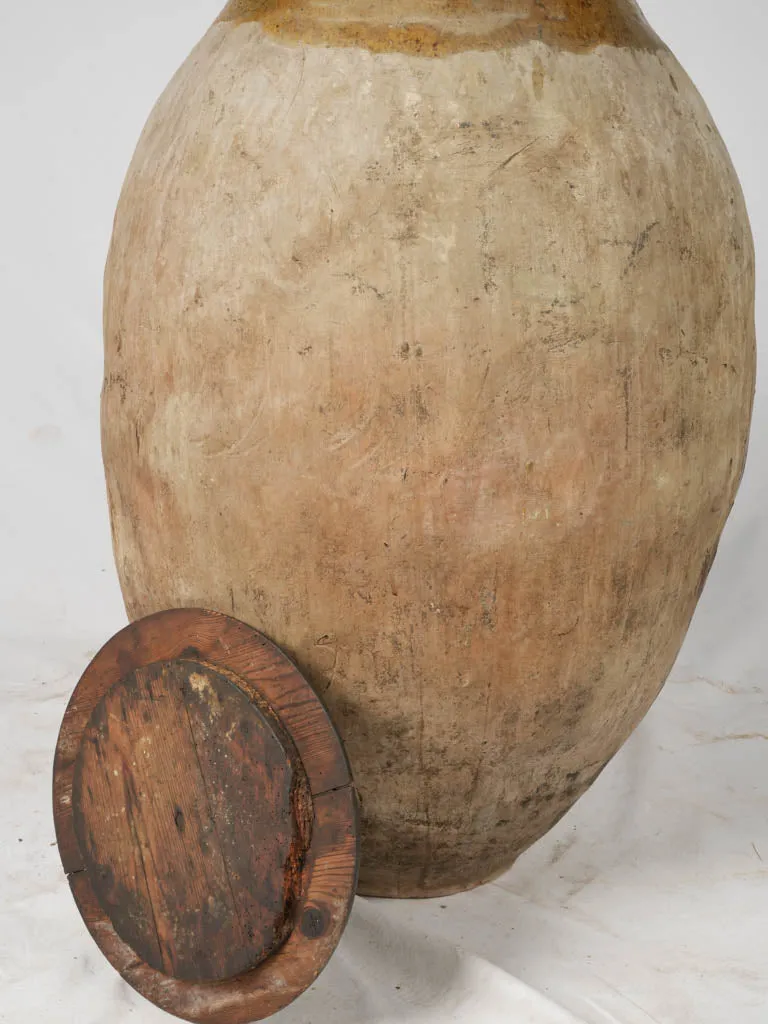 Antique Frejus Jar w/ Ochre Glaze, Maker's Stamps and Wooden Lid 39"