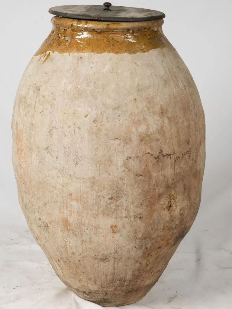 Antique Frejus Jar w/ Ochre Glaze, Maker's Stamps and Wooden Lid 39"