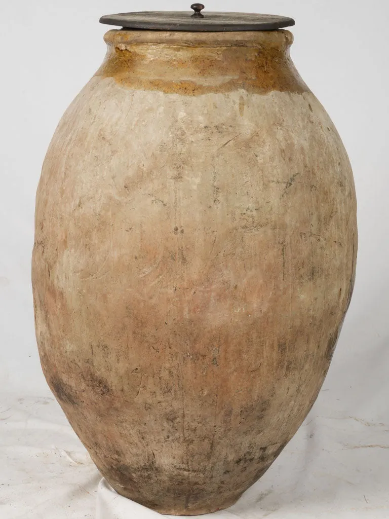 Antique Frejus Jar w/ Ochre Glaze, Maker's Stamps and Wooden Lid 39"