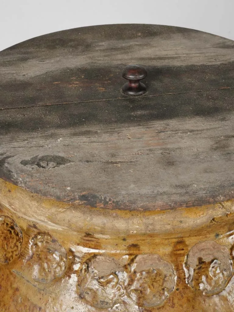 Antique Frejus Jar w/ Ochre Glaze, Maker's Stamps and Wooden Lid 39"
