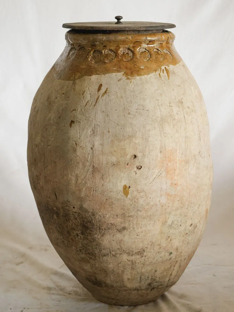 Antique Frejus Jar w/ Ochre Glaze, Maker's Stamps and Wooden Lid 39"