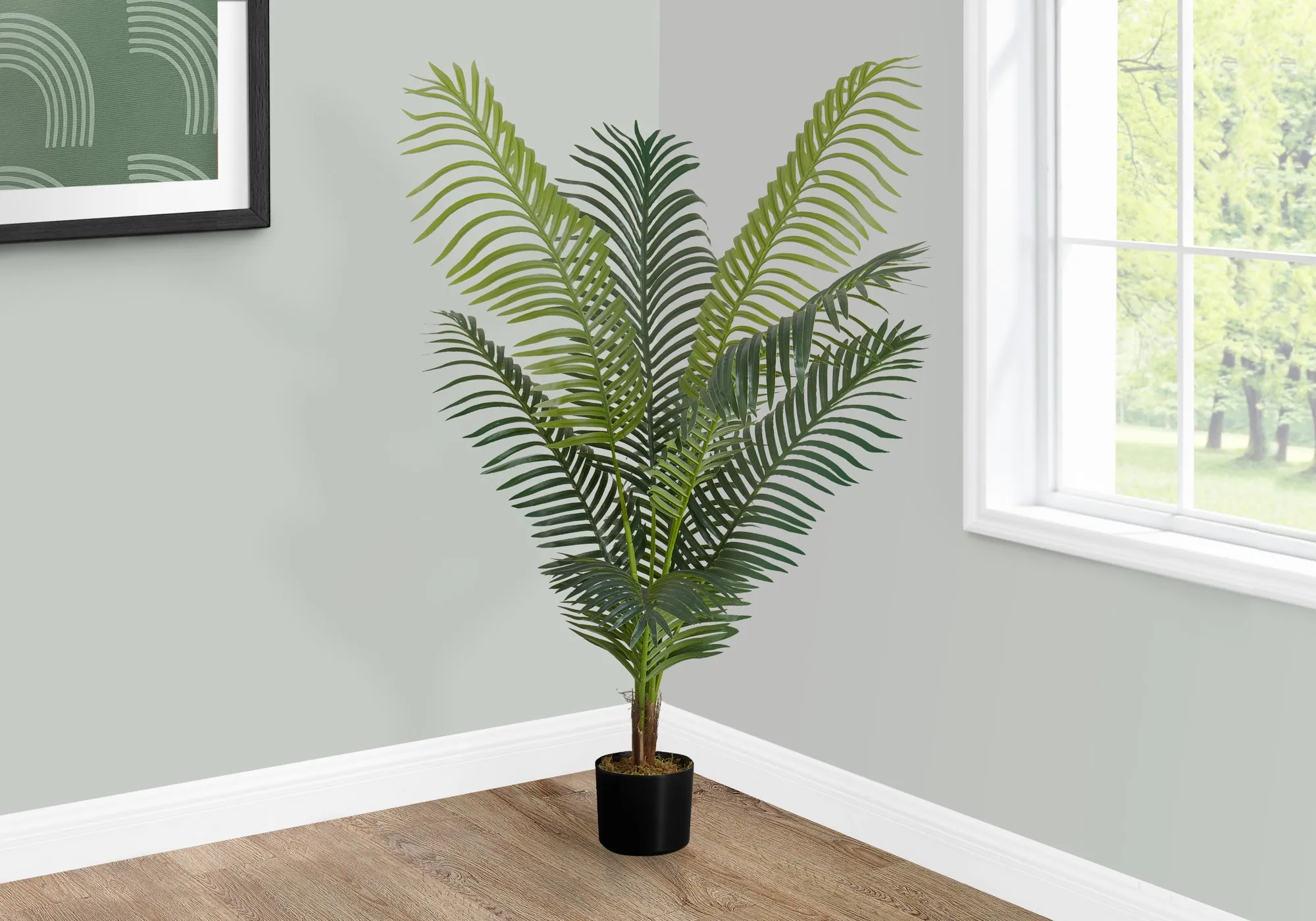Artificial Plant, 47" Tall, Palm Tree, Indoor, Faux, Fake, Floor, Greenery, Potted, Real Touch, Decorative, Green Leaves, Black Pot