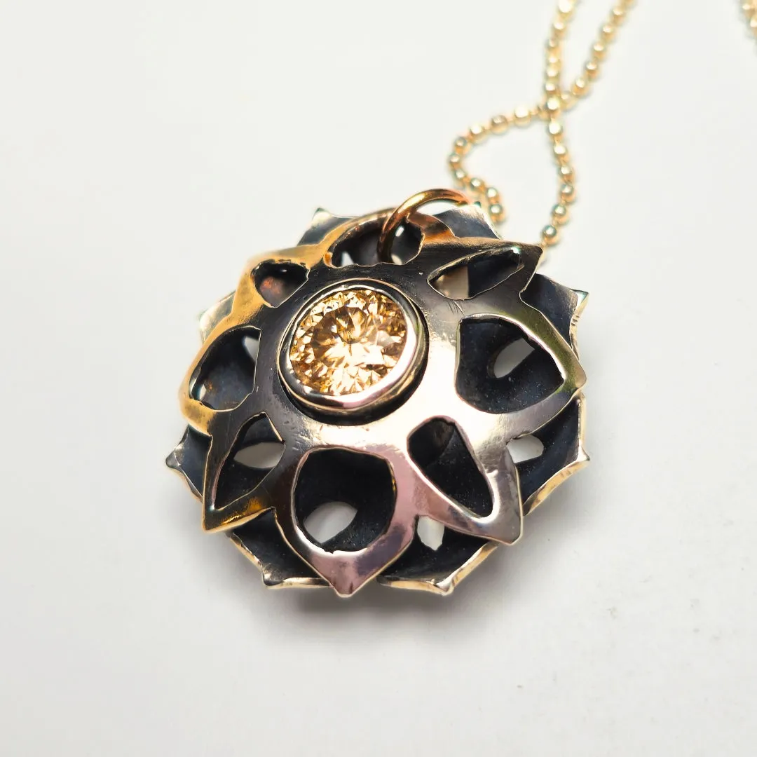 Artisan Silver Snowflake Pendant with Yellow Moissanite