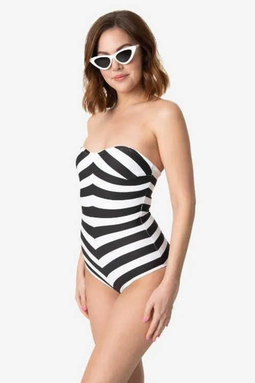 Barbie x Unique Vintage Black & White Chevron Stripe Swimsuit