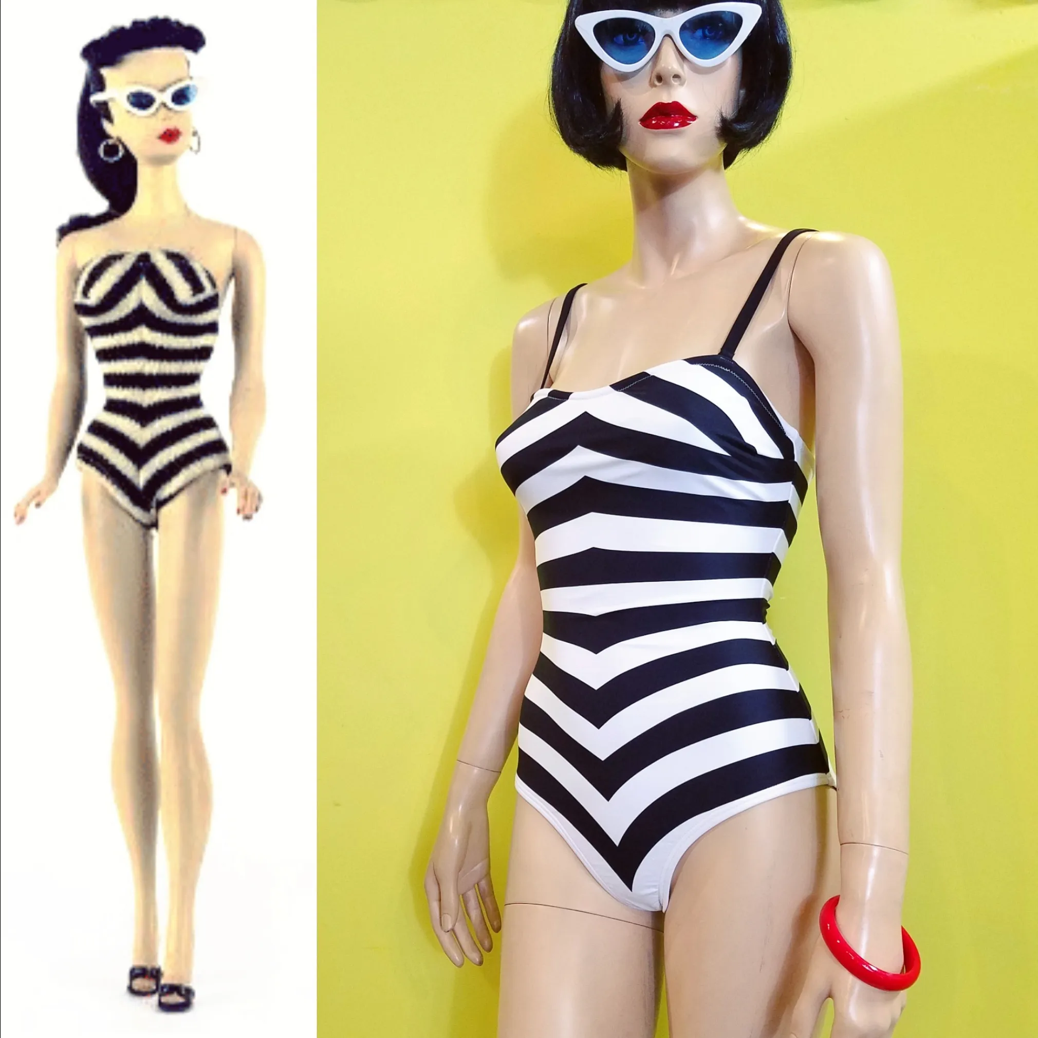 Barbie x Unique Vintage Black & White Chevron Stripe Swimsuit