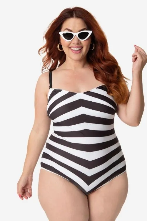 Barbie x Unique Vintage Black & White Chevron Stripe Swimsuit