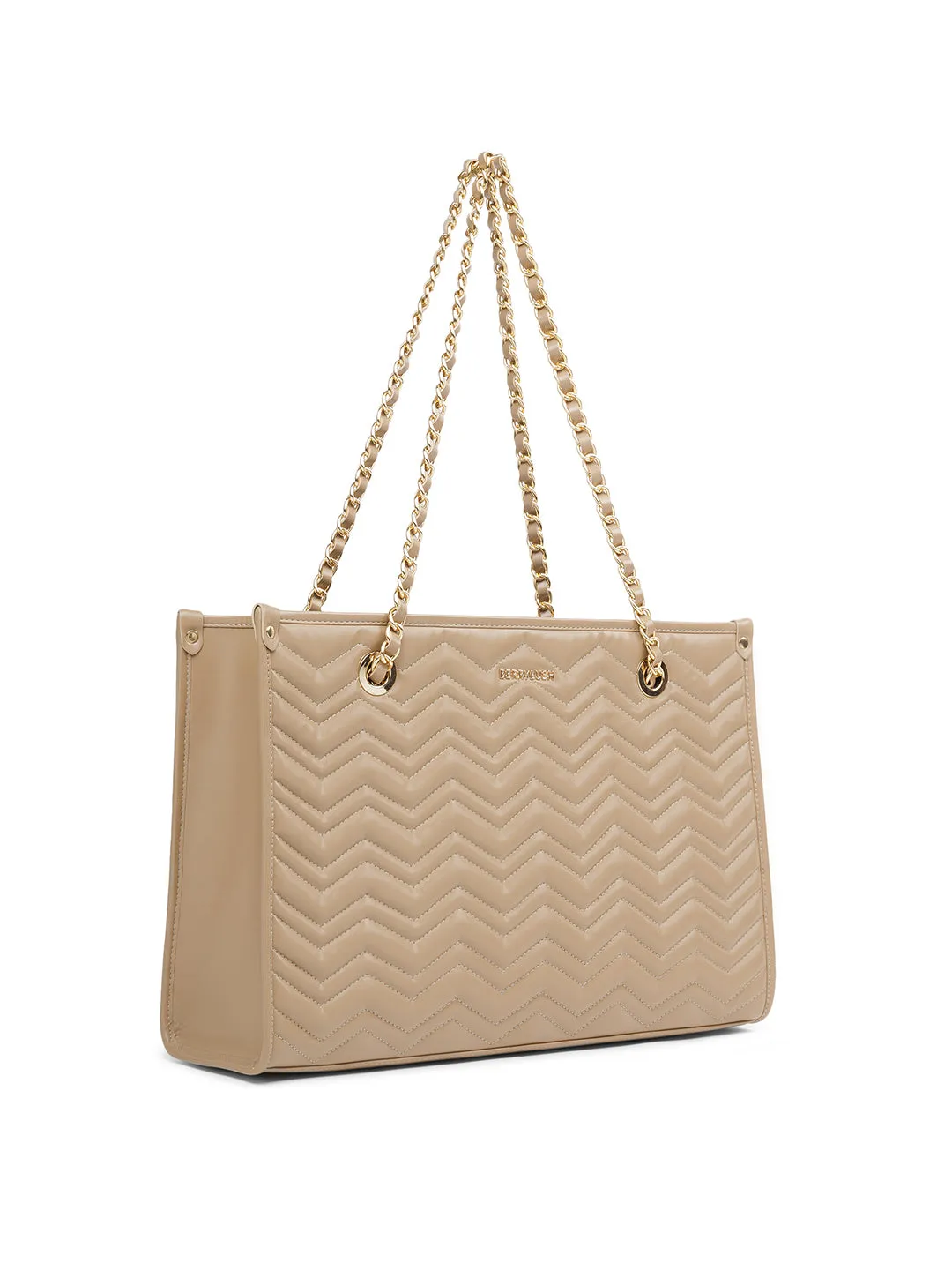 Berrylush Women Solid Beige Synthetic Leather Chain Strap Two-Handles Quilted Shoulder Bag