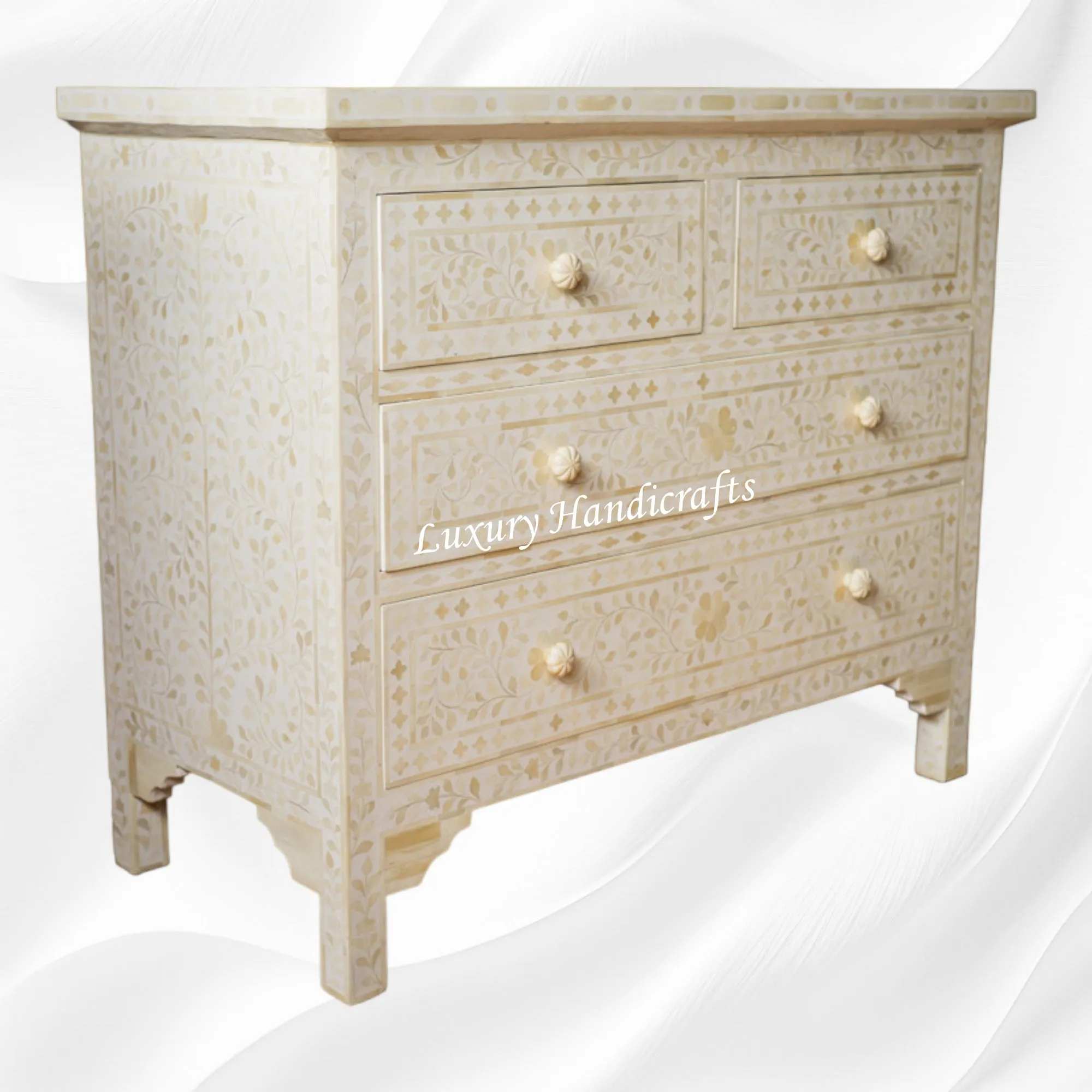 Bone Inlay Floral Chest Of 4 Drawer White