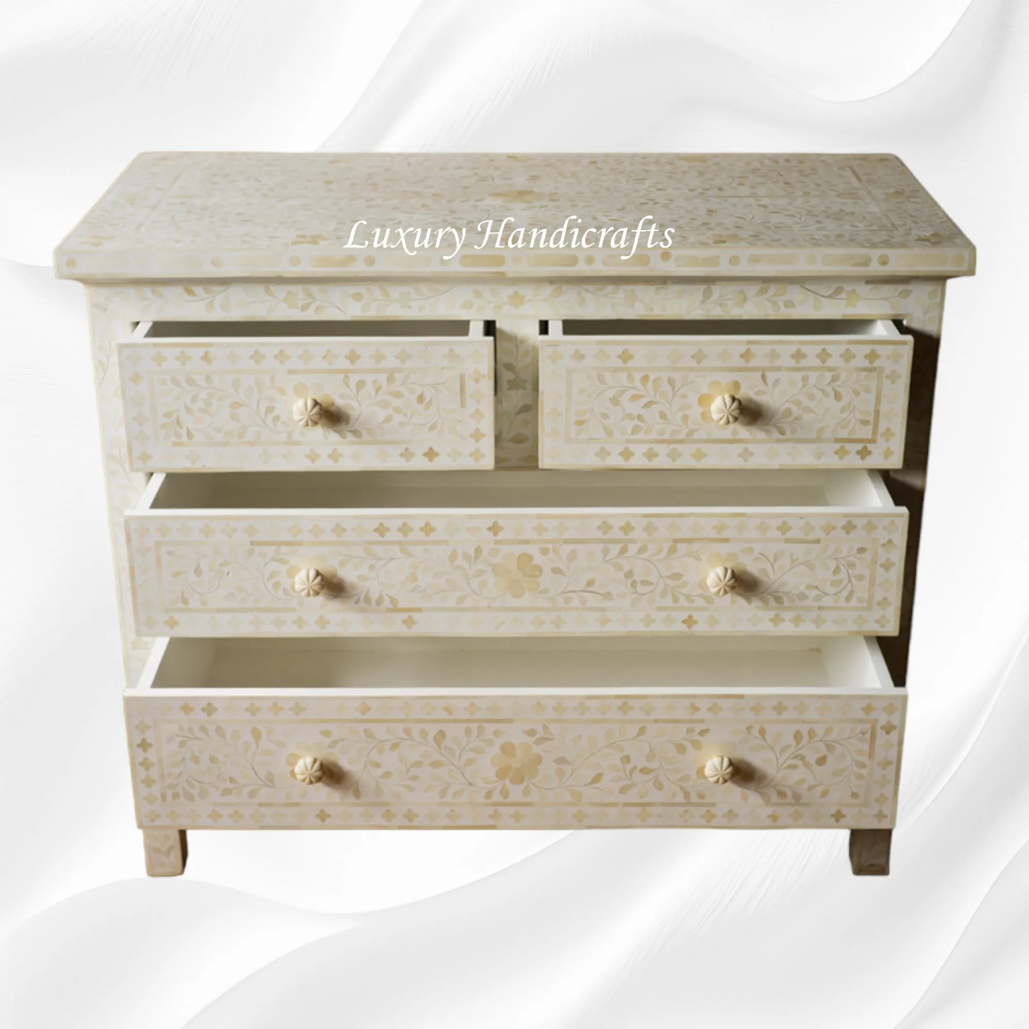 Bone Inlay Floral Chest Of 4 Drawer White