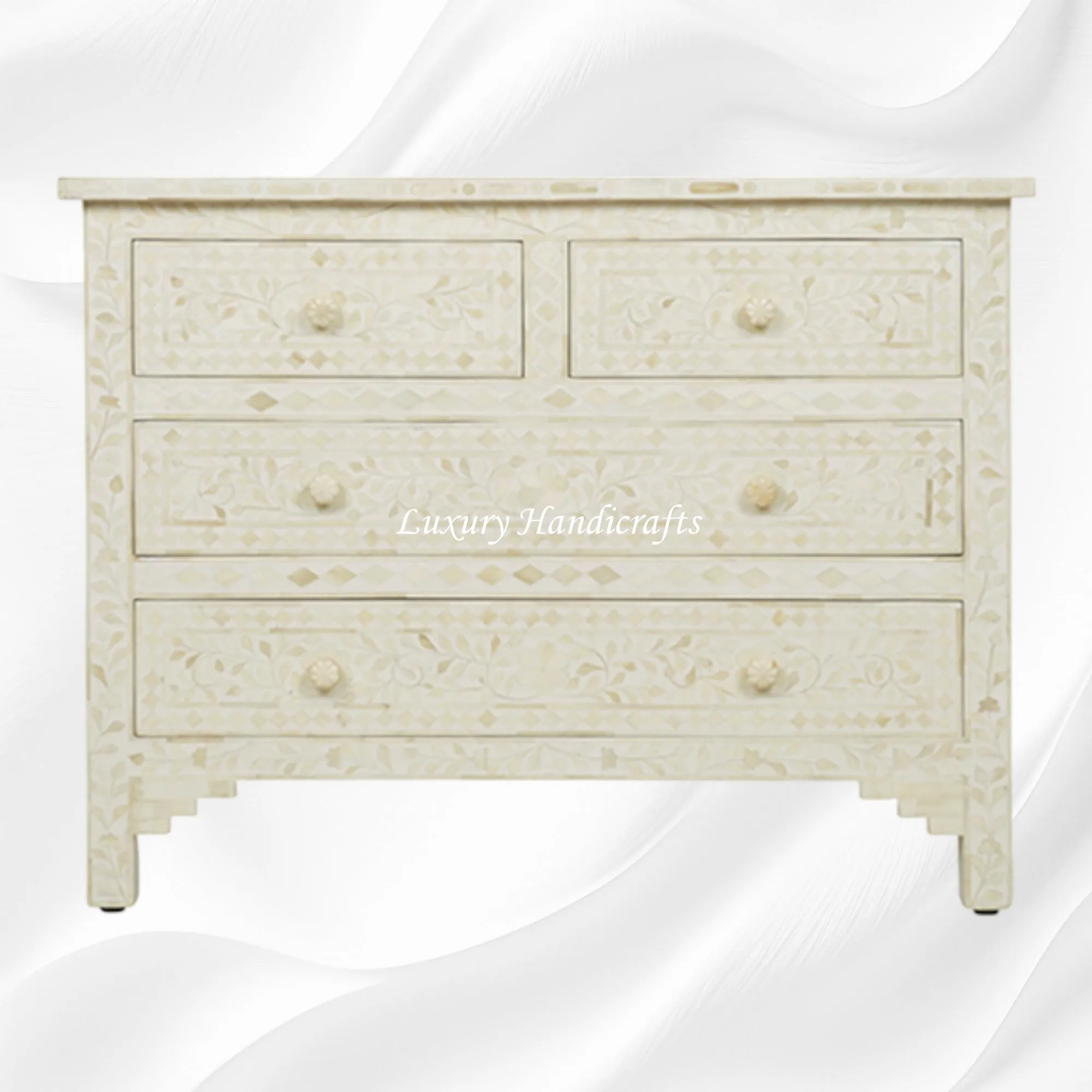 Bone Inlay Floral Chest Of 4 Drawer White