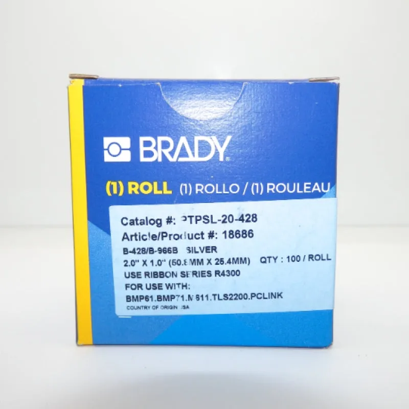 Brady 1"H x 2"W x 100 White PermaShield Metalized Poly Labels PTPSL-20-428