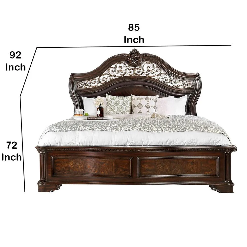 California King Wooden Bed with Intricate Carved Headboard, Brown By Casagear Home