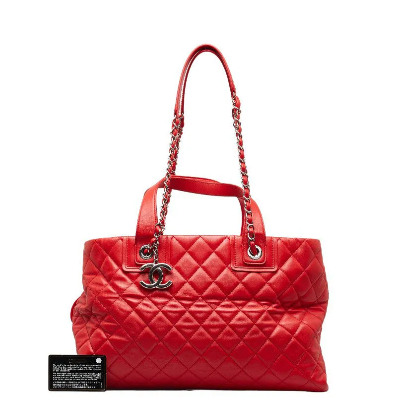 Chanel Coco Chain Matrasse Chain Shoulder Bag Tote Red Silver Leather  Chanel