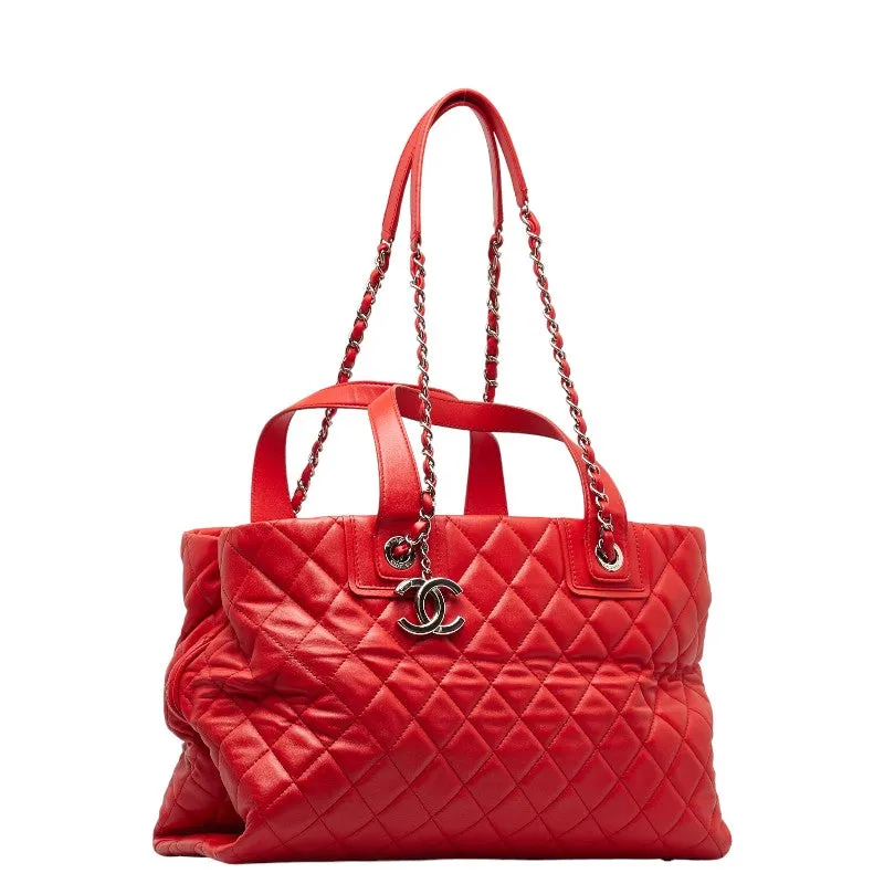 Chanel Coco Chain Matrasse Chain Shoulder Bag Tote Red Silver Leather  Chanel
