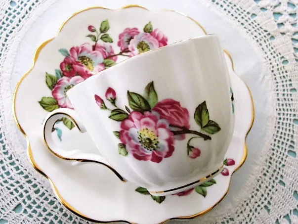 CHEERFUL Vintage English Tea Cup and Saucer Pretty PINK Flowers for Bridal Luncheons,Showers,Hostess Gift, Bridesmaid Gift, Wedding