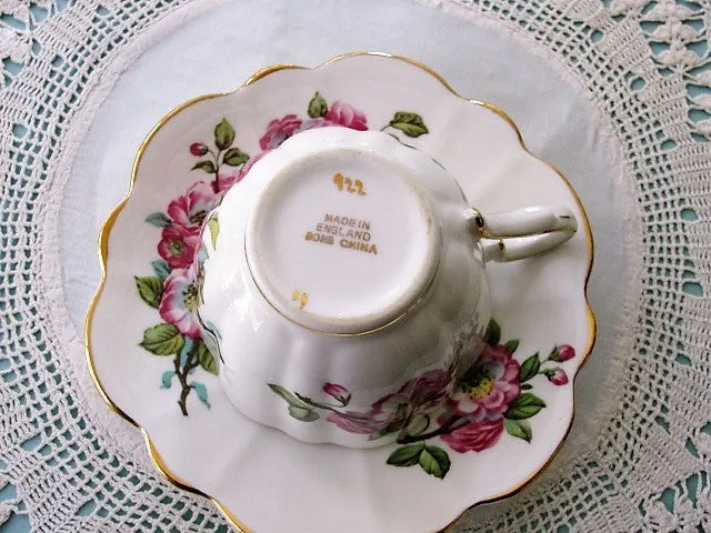 CHEERFUL Vintage English Tea Cup and Saucer Pretty PINK Flowers for Bridal Luncheons,Showers,Hostess Gift, Bridesmaid Gift, Wedding