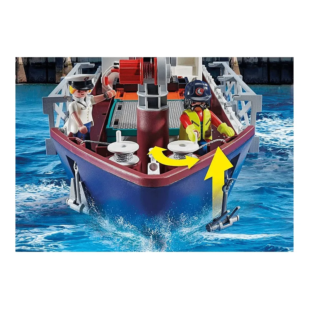 Construction set Playmobil 70769 Large container ship with a customs officer's boat