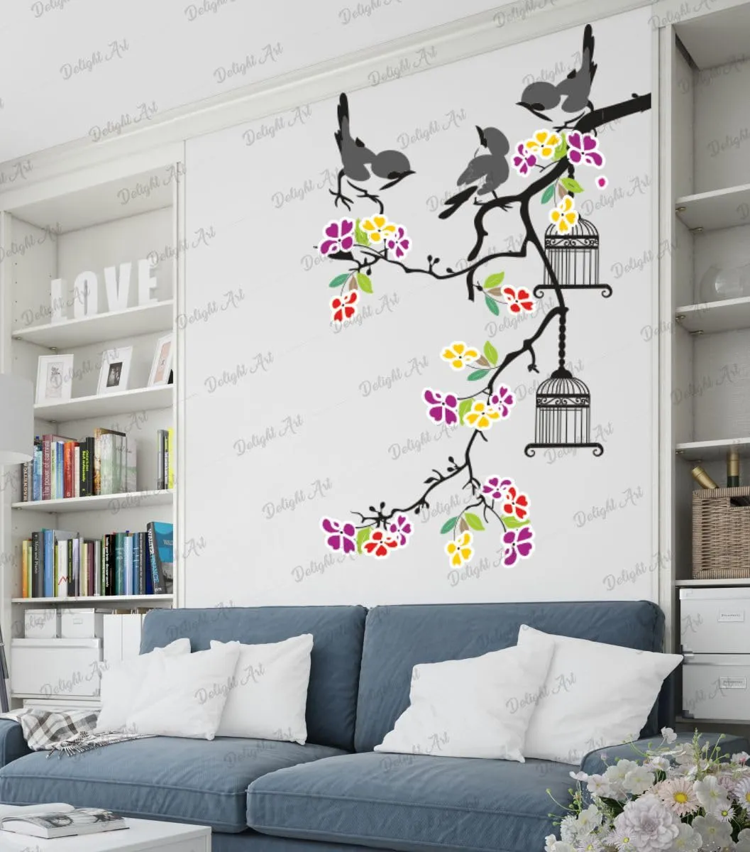 Delight Art Beautiful Tree with Flower and Birds Design Wall Sticker Size - (50 * 80) cm