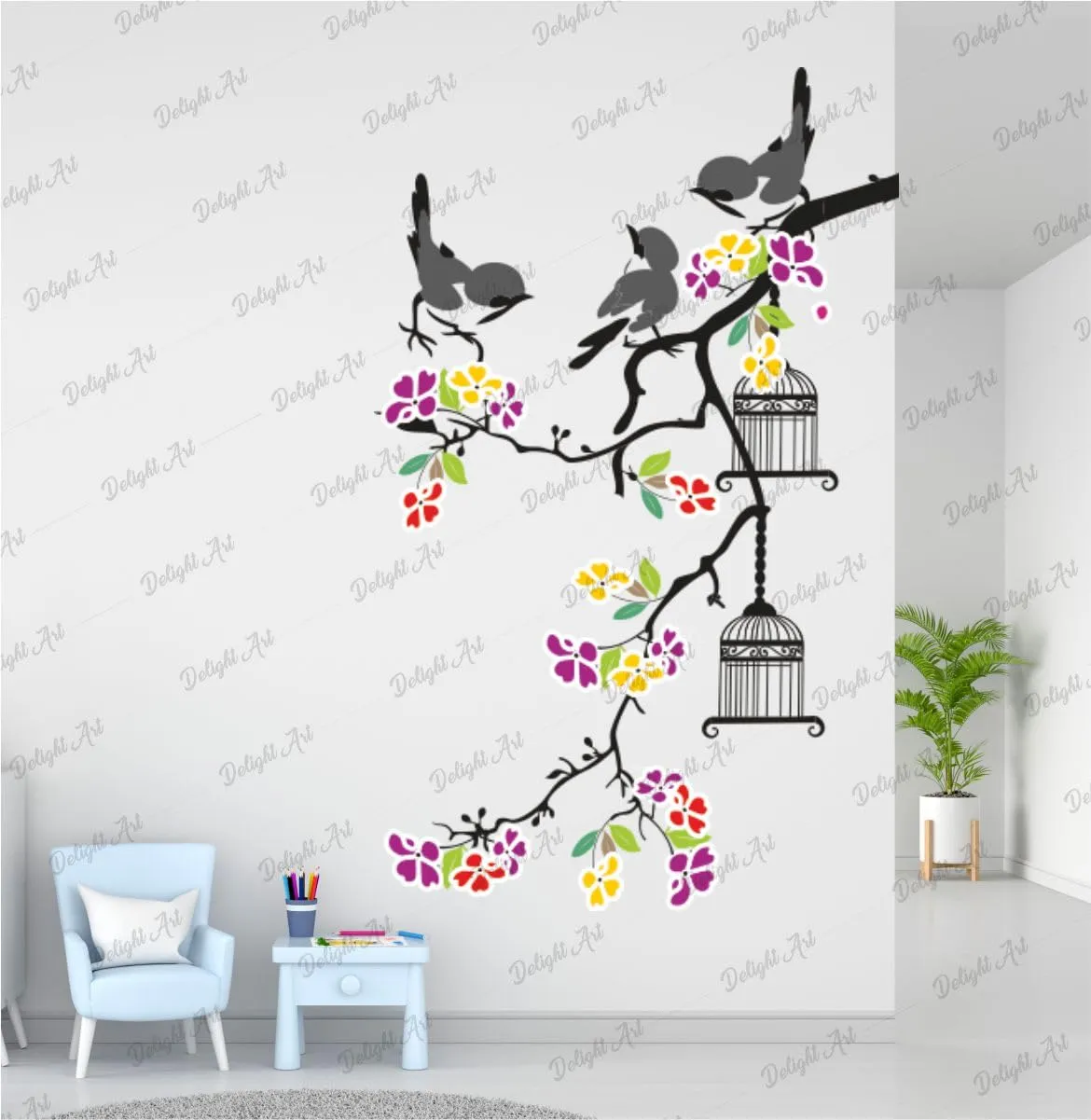 Delight Art Beautiful Tree with Flower and Birds Design Wall Sticker Size - (50 * 80) cm