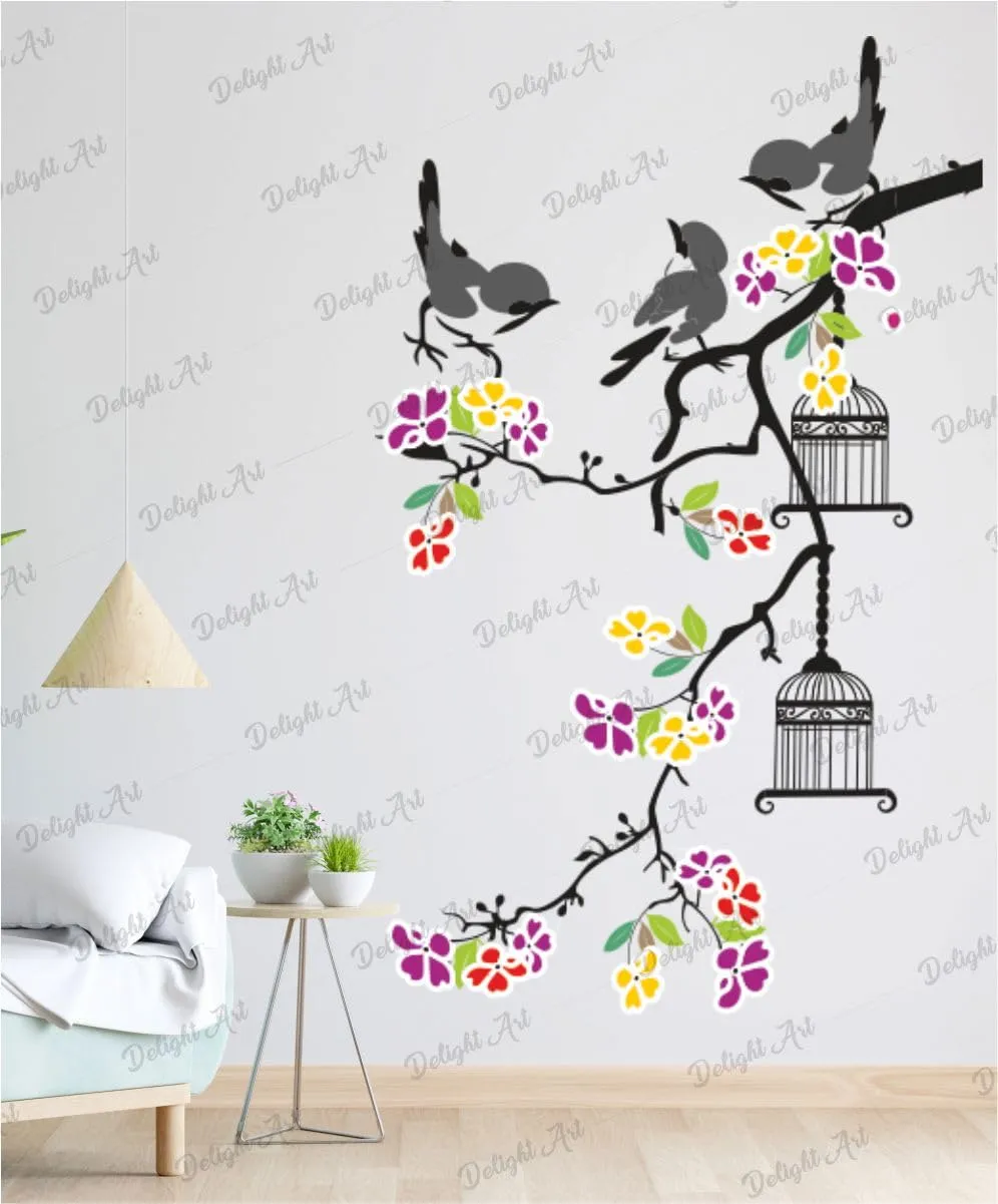 Delight Art Beautiful Tree with Flower and Birds Design Wall Sticker Size - (50 * 80) cm