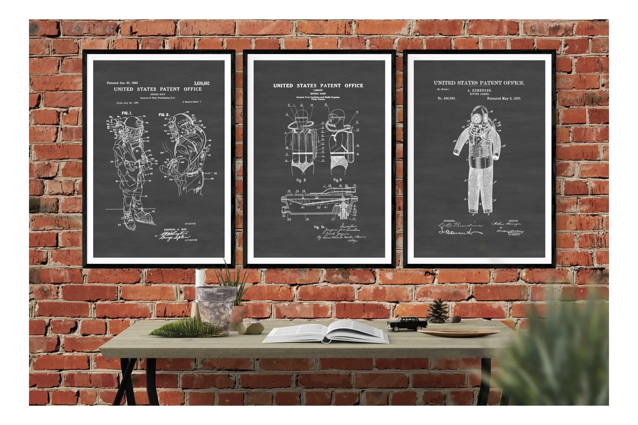 Diving Patent Collection of 3 Patent Prints - Diver Gift, Scuba Gift, Scuba Diver Poster, Deep Sea Diver, Nautical Decor, Beach House Decor