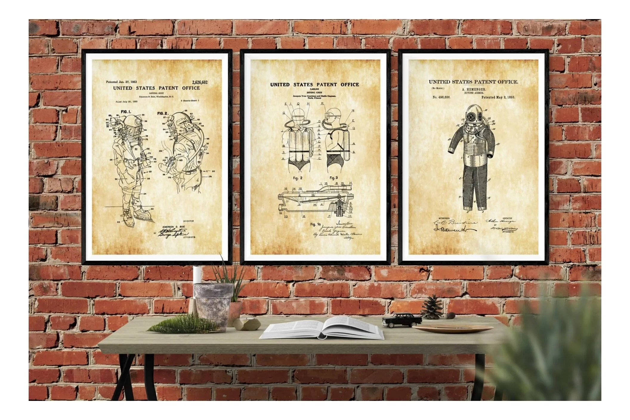 Diving Patent Collection of 3 Patent Prints - Diver Gift, Scuba Gift, Scuba Diver Poster, Deep Sea Diver, Nautical Decor, Beach House Decor