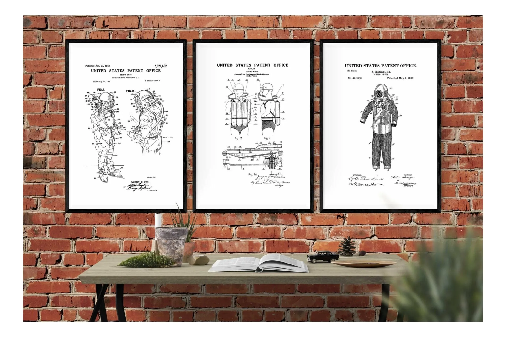 Diving Patent Collection of 3 Patent Prints - Diver Gift, Scuba Gift, Scuba Diver Poster, Deep Sea Diver, Nautical Decor, Beach House Decor