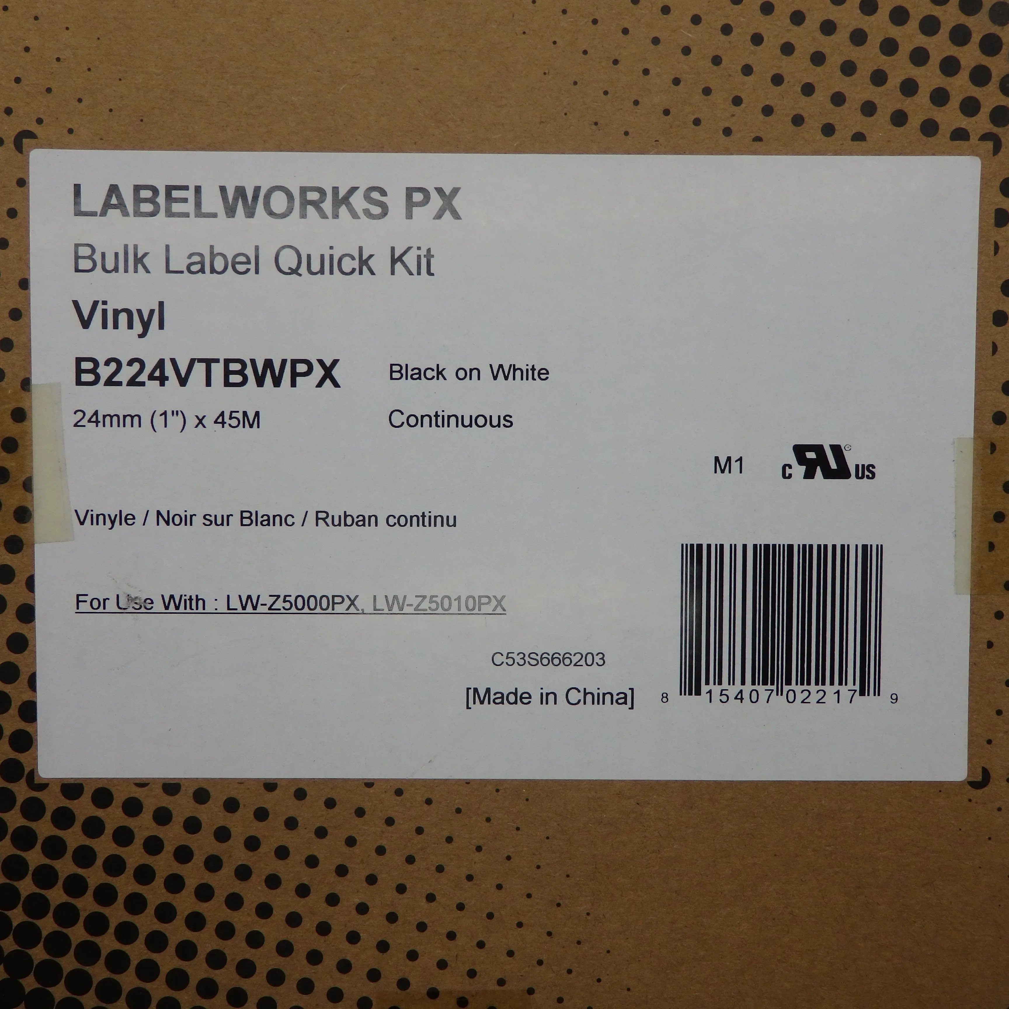 Epson LabelWorks Vinyl 24mm x 45M Black on White Bulk Label Quick Kit B224VTBWPX