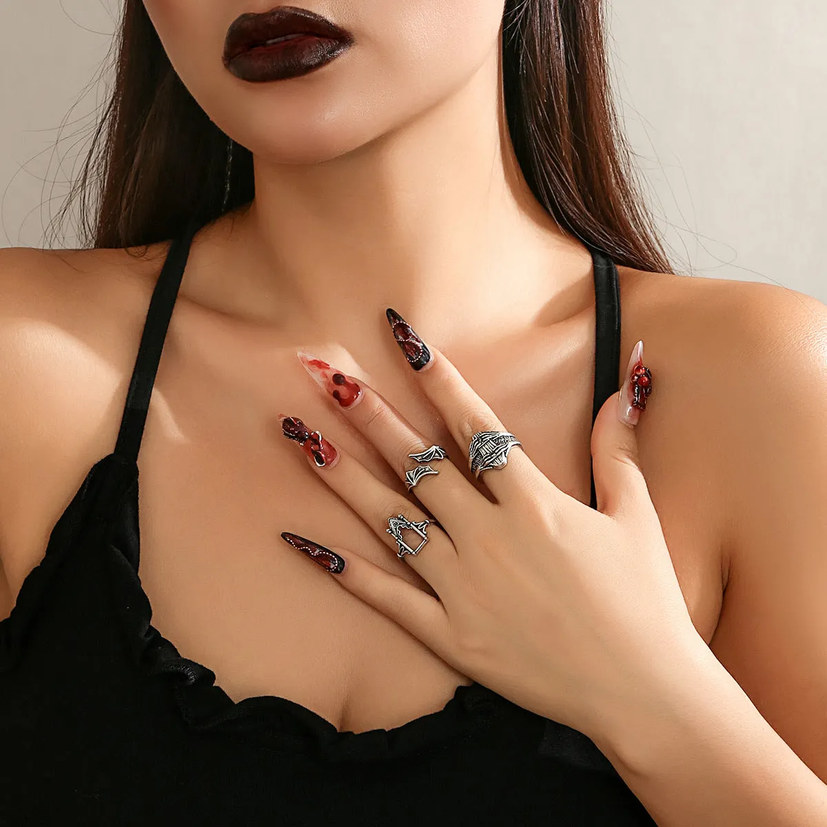 Halloween Bat and Snake Ring Set with Dark Gothic Flair