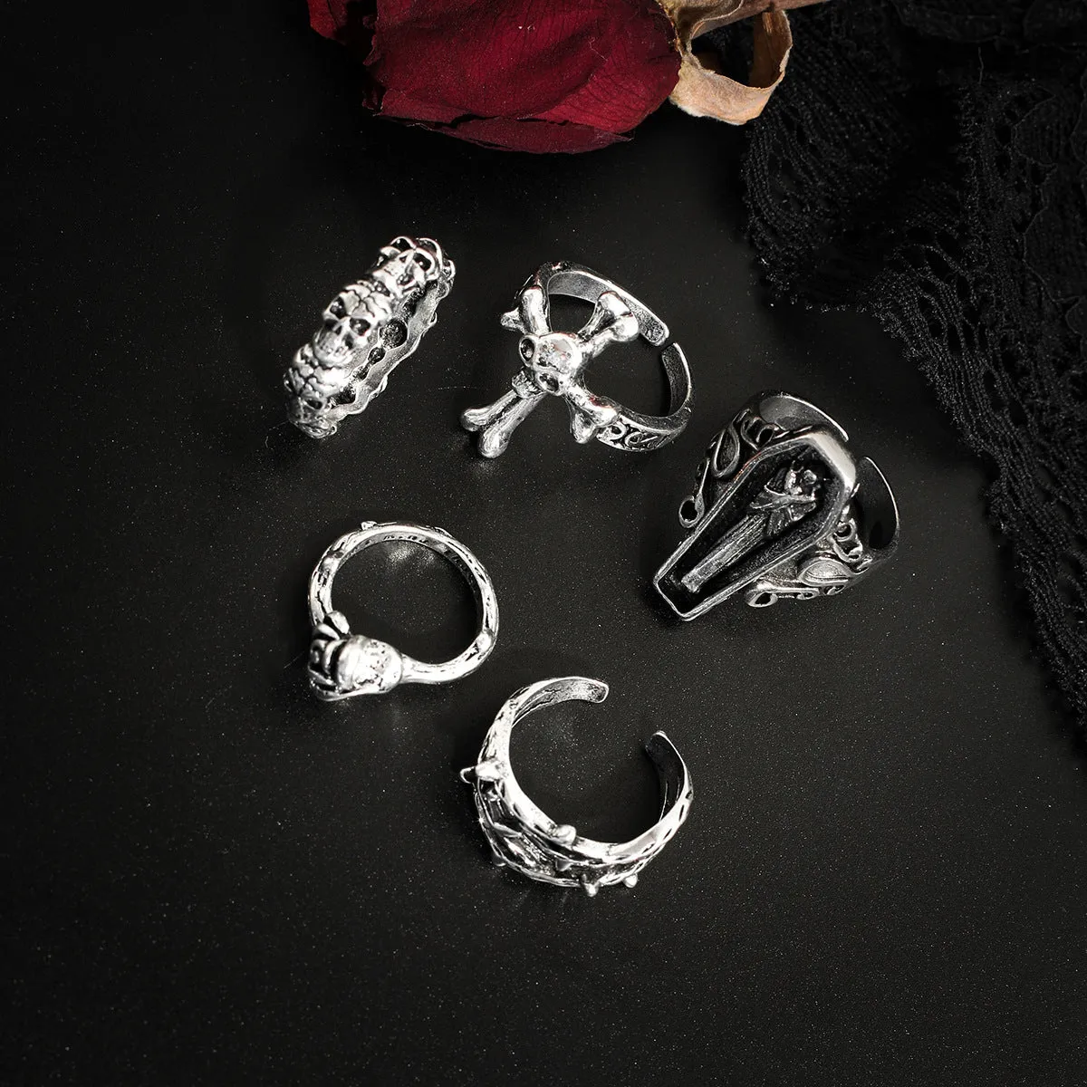 Halloween Bat and Snake Ring Set with Dark Gothic Flair